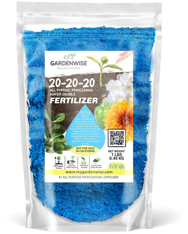 Gardenwise 20-20-20 fertilizer powder ready to dissolve for quick feeding.