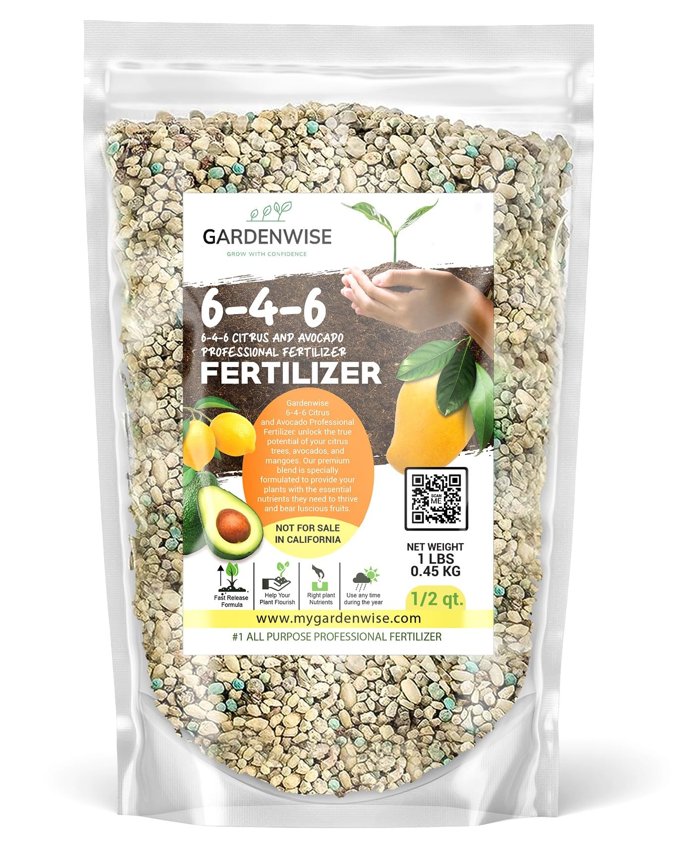 Gardenwise 6-4-6 avocado citrus fertilizer bottle pouring for quick tree nourishment