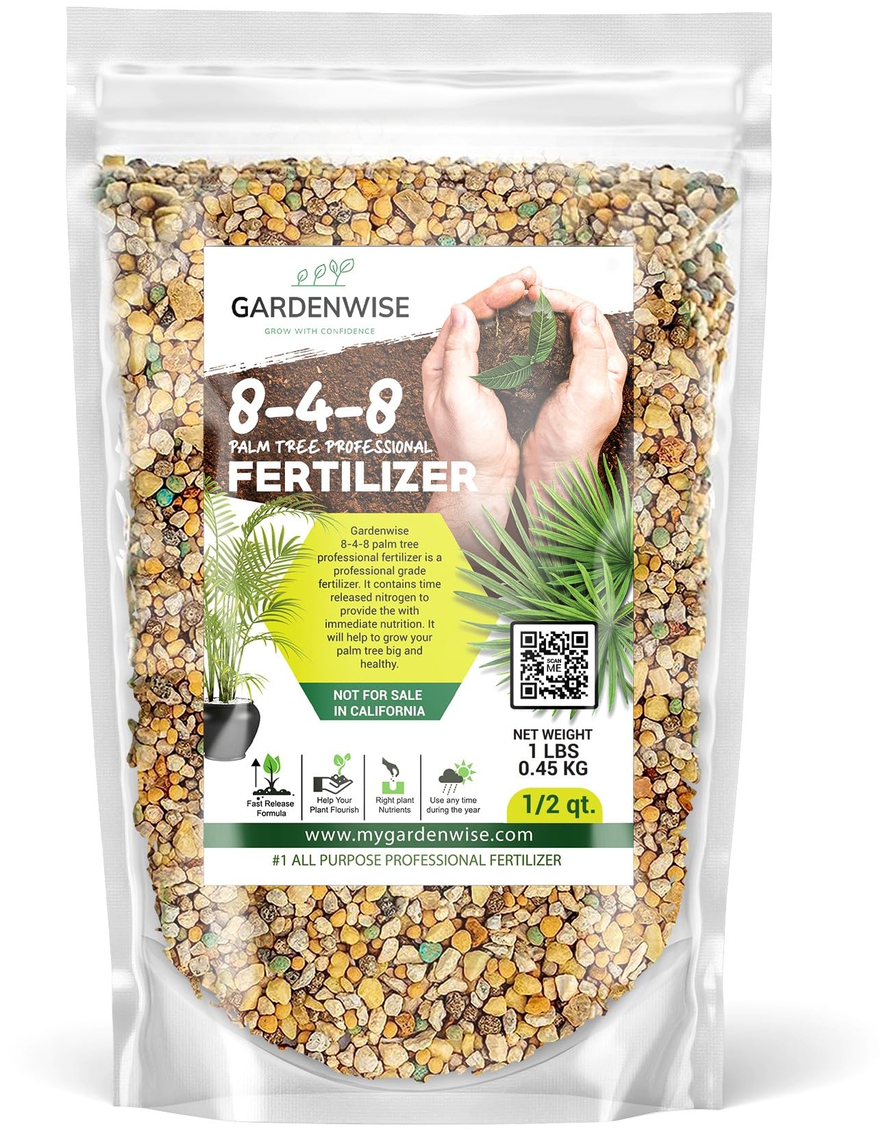 Gardenwise 8-4-8 palm fertilizer balances nutrients for indoor and outdoor palms.