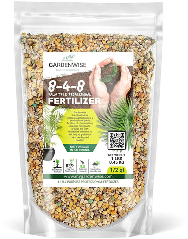 Gardenwise 8-4-8 palm fertilizer balances nutrients for indoor and outdoor palms.