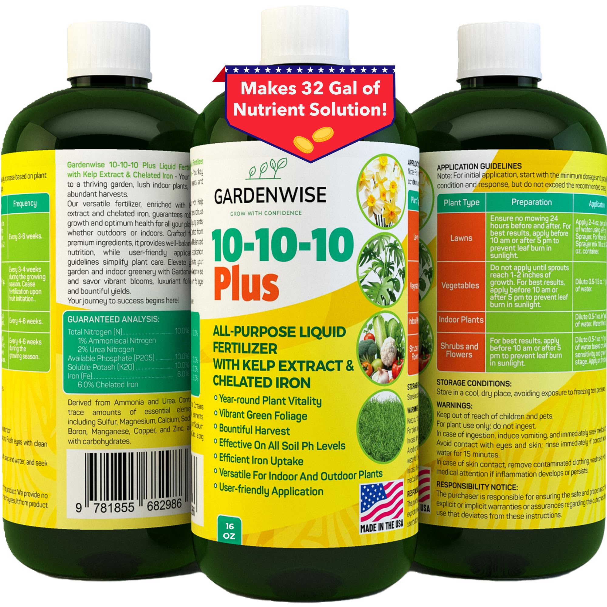 GardenWise 10-10-10 bottle pour supports balanced growth for all plants