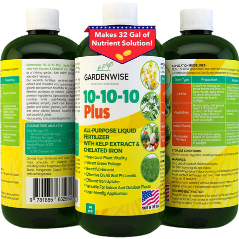 GardenWise 10-10-10 bottle pour supports balanced growth for all plants