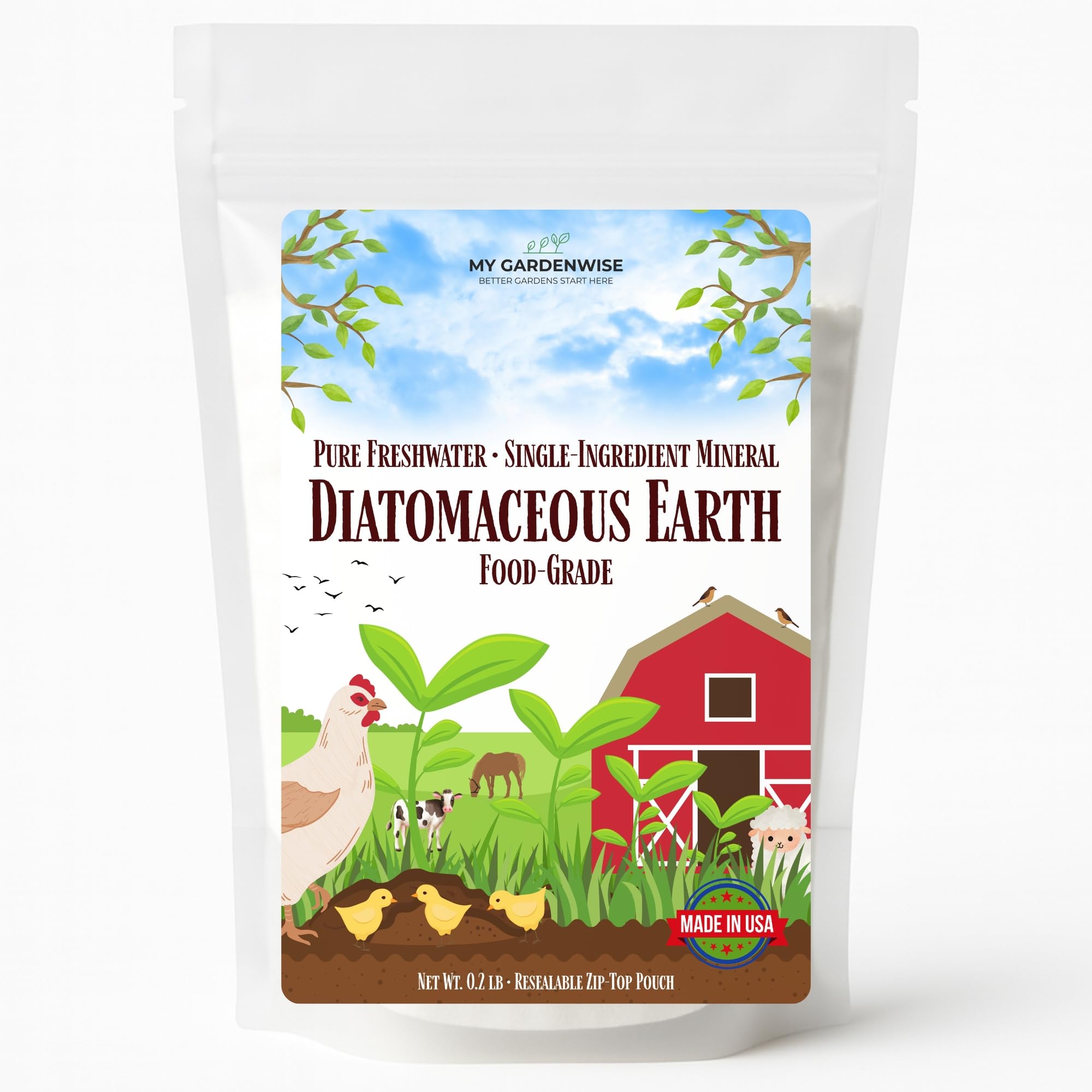 GardenWise Diatomaceous Earth powder in resealable bag, ideal for soil aeration and dry storage odor control.