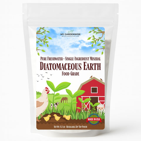 GardenWise Diatomaceous Earth powder in resealable bag, ideal for soil aeration and dry storage odor control.