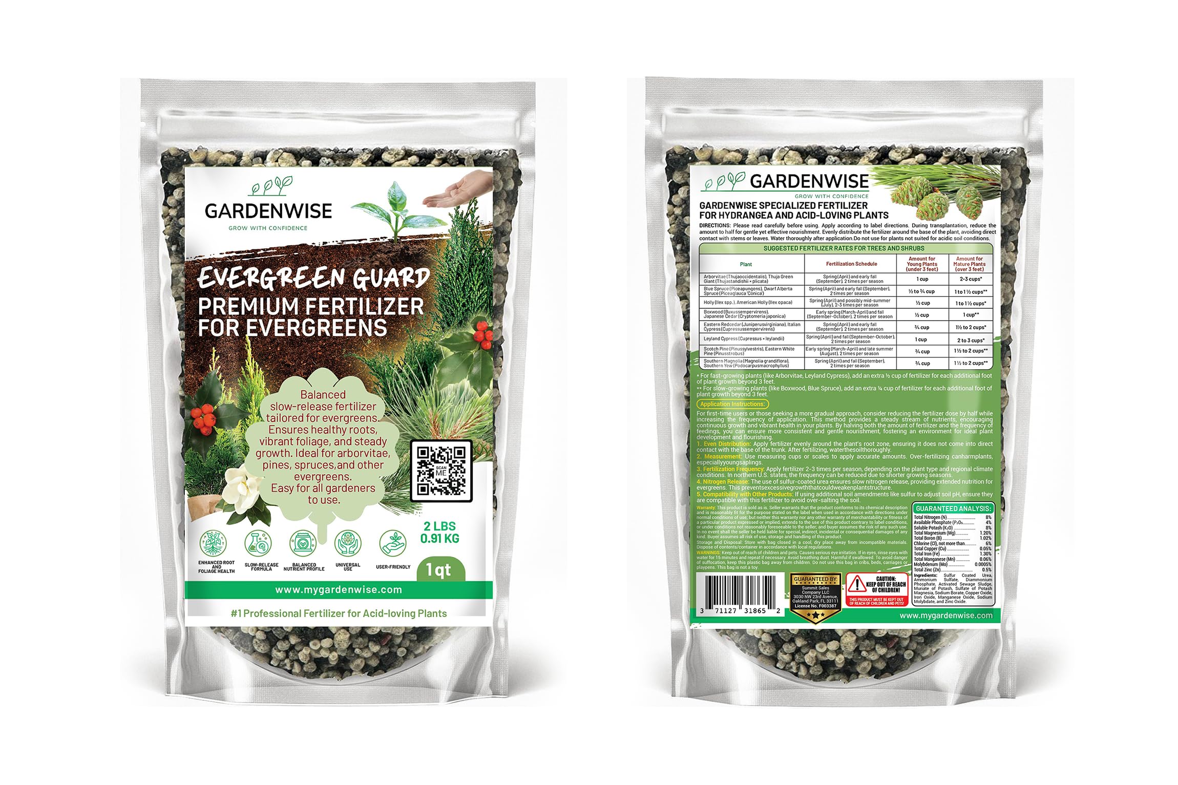 GardenWise Evergreen Fertilizer label showing 8-4-8 NPK for balanced nutrition.