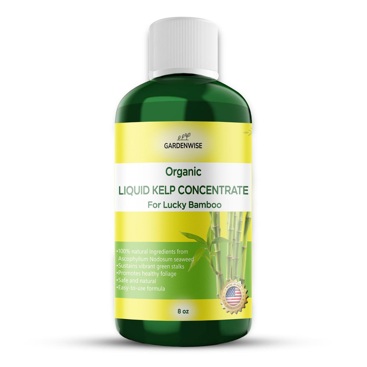 GardenWise kelp seaweed concentrate bottle provides organic nutrition for thriving Lucky Bamboo.
