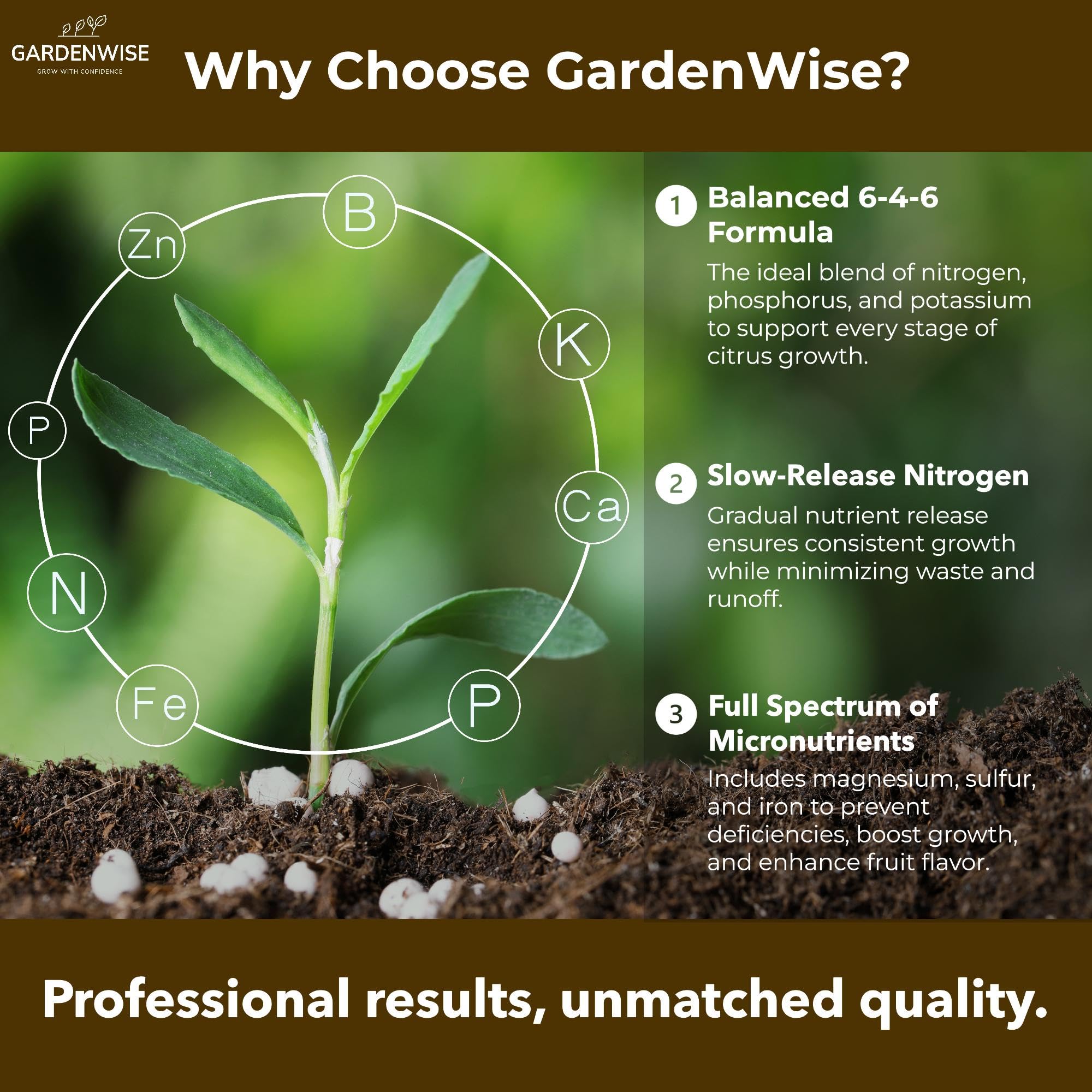 Balanced 6-4-6 NPK graphic for growth and fruit quality.