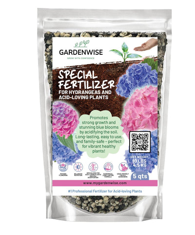 GardenWise slow-release fertilizer bottle boosts hydrangea blooms.