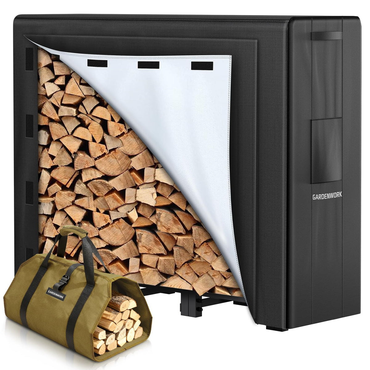 GardenWork 4ft firewood rack outdoors with sturdy legs for durable, stable wood storage.