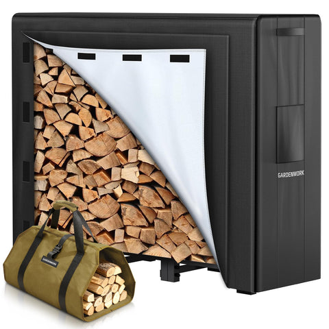 GardenWork 4ft firewood rack outdoors with sturdy legs for durable, stable wood storage.