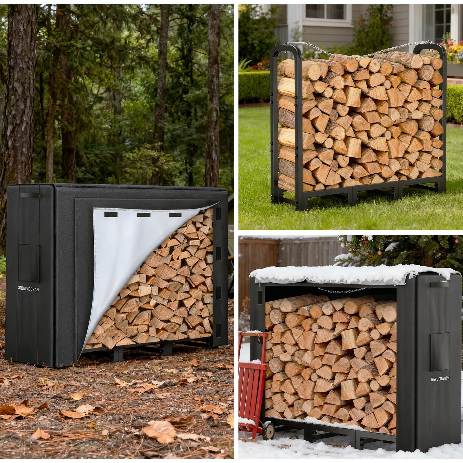 GardenWork large-capacity storage demonstrates ample space for wood on porches.