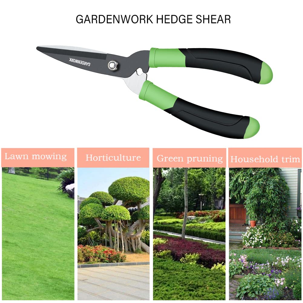GardenWORK hedge clippers feature a shock-absorbing device to ease arm strain.