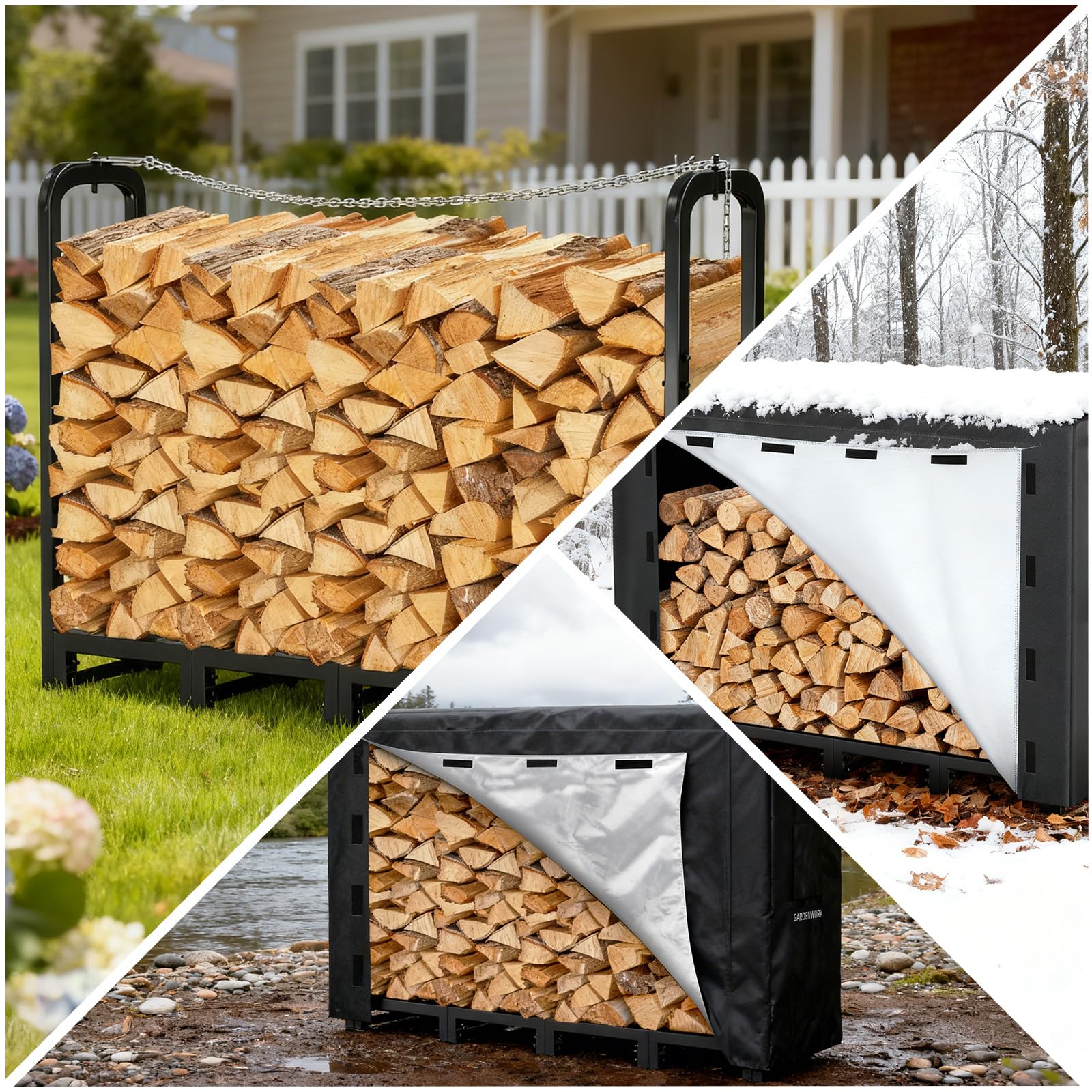 Gardenwork steel chains secure wood stacks to prevent accidental drops