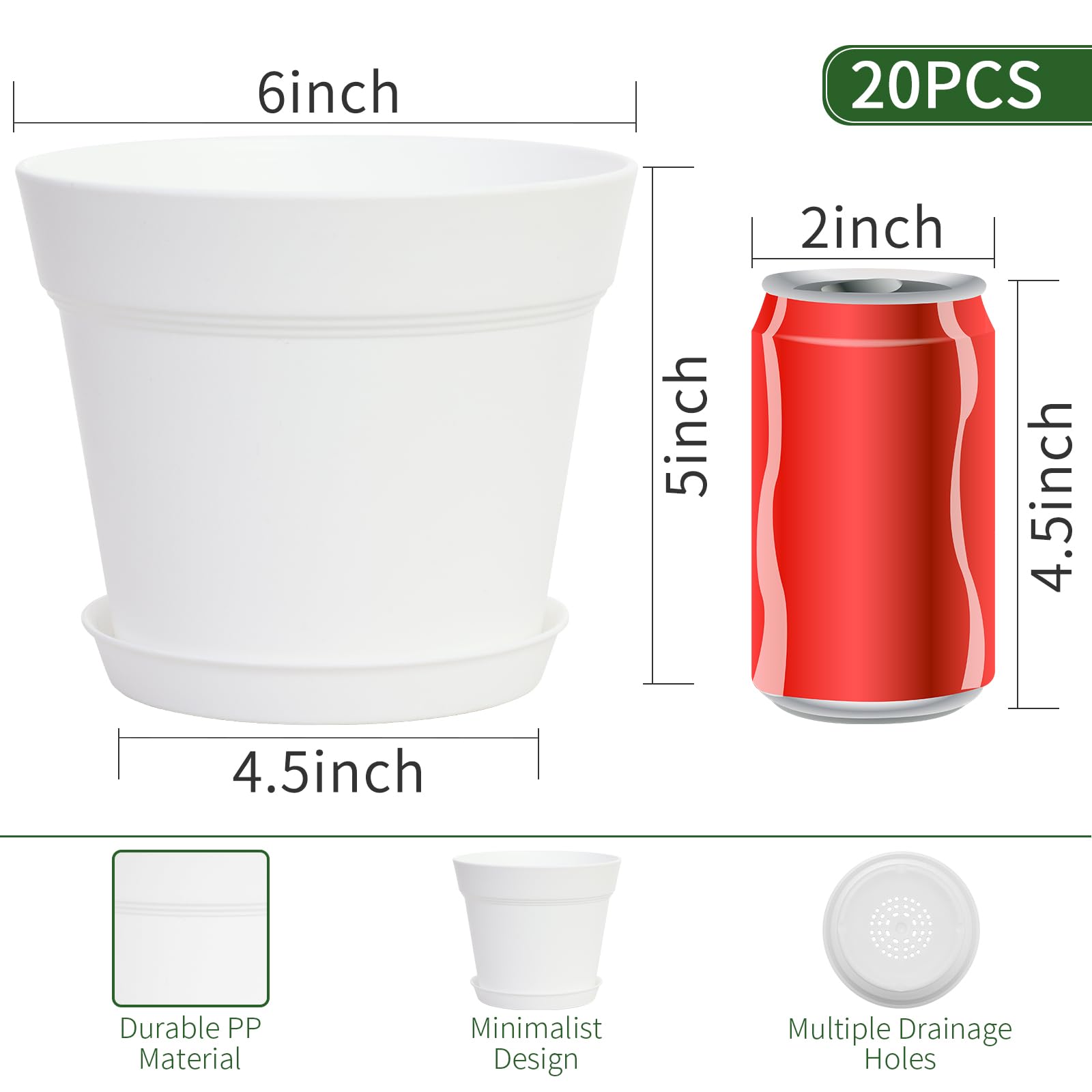 GARDIFE 6-inch white pot side view; sturdy 4mm walls for stable indoor display.