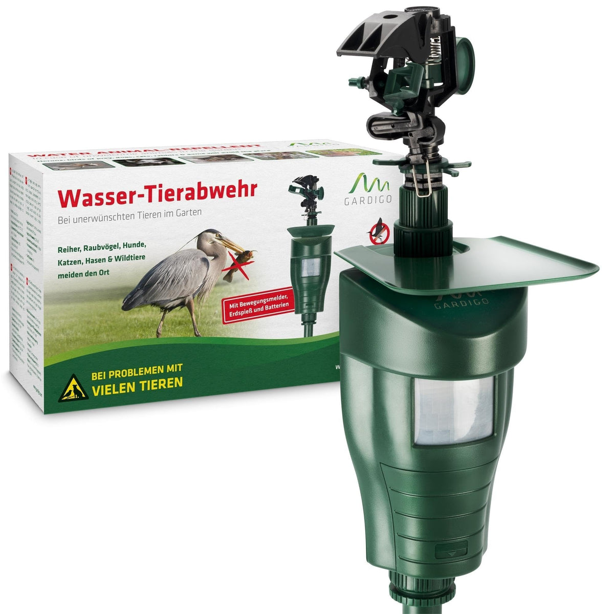 Gardigo Water Jet Animal Repellent in action deterring birds from the yard.