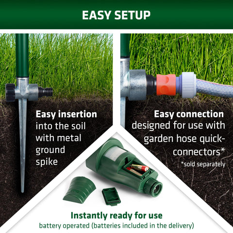 Gardigo Water Jet Animal Repellent ships with batteries for immediate setup.
