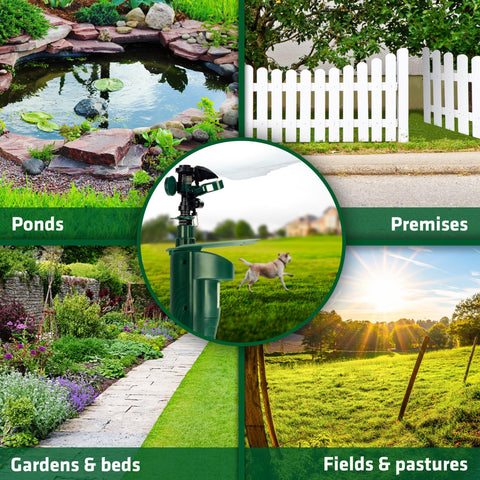 Gardigo Water Jet in garden setup deters cats and rabbits from flower beds.