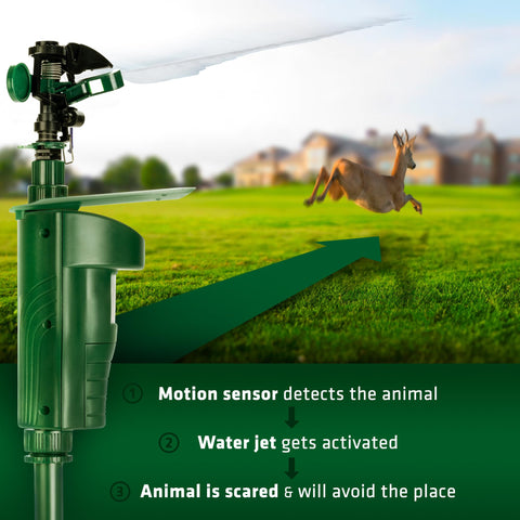 Gardigo Water Jet Animal Repellent uses PIR detection to start the spray when wildlife enters the area.