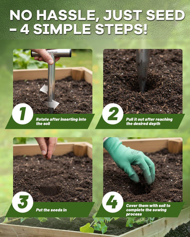 Gardmate dibber used for bulbs, seeds, and seedlings with precise depth guidance.