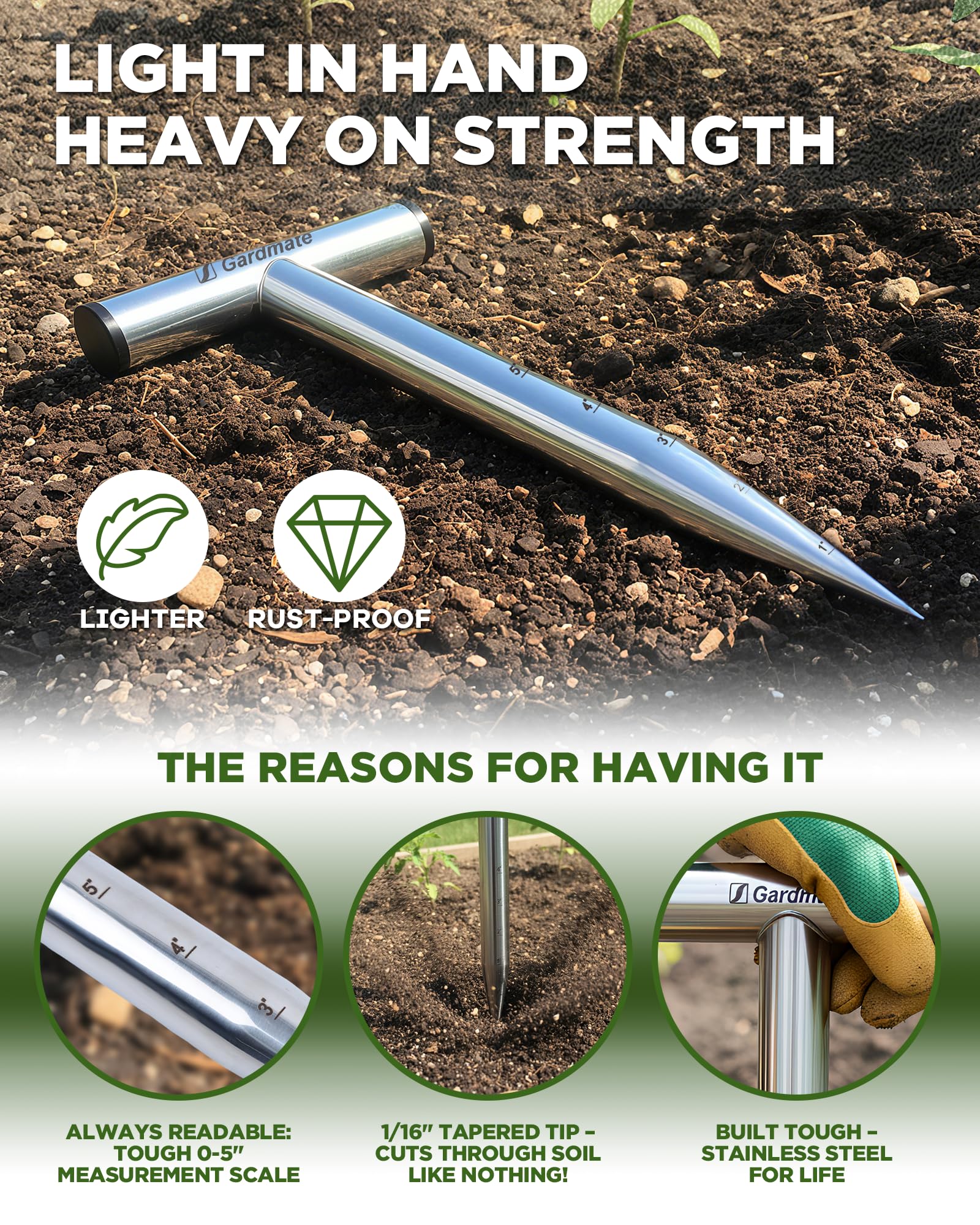 Gardmate rust-resistant single-piece steel dibber built for durability in all weather.