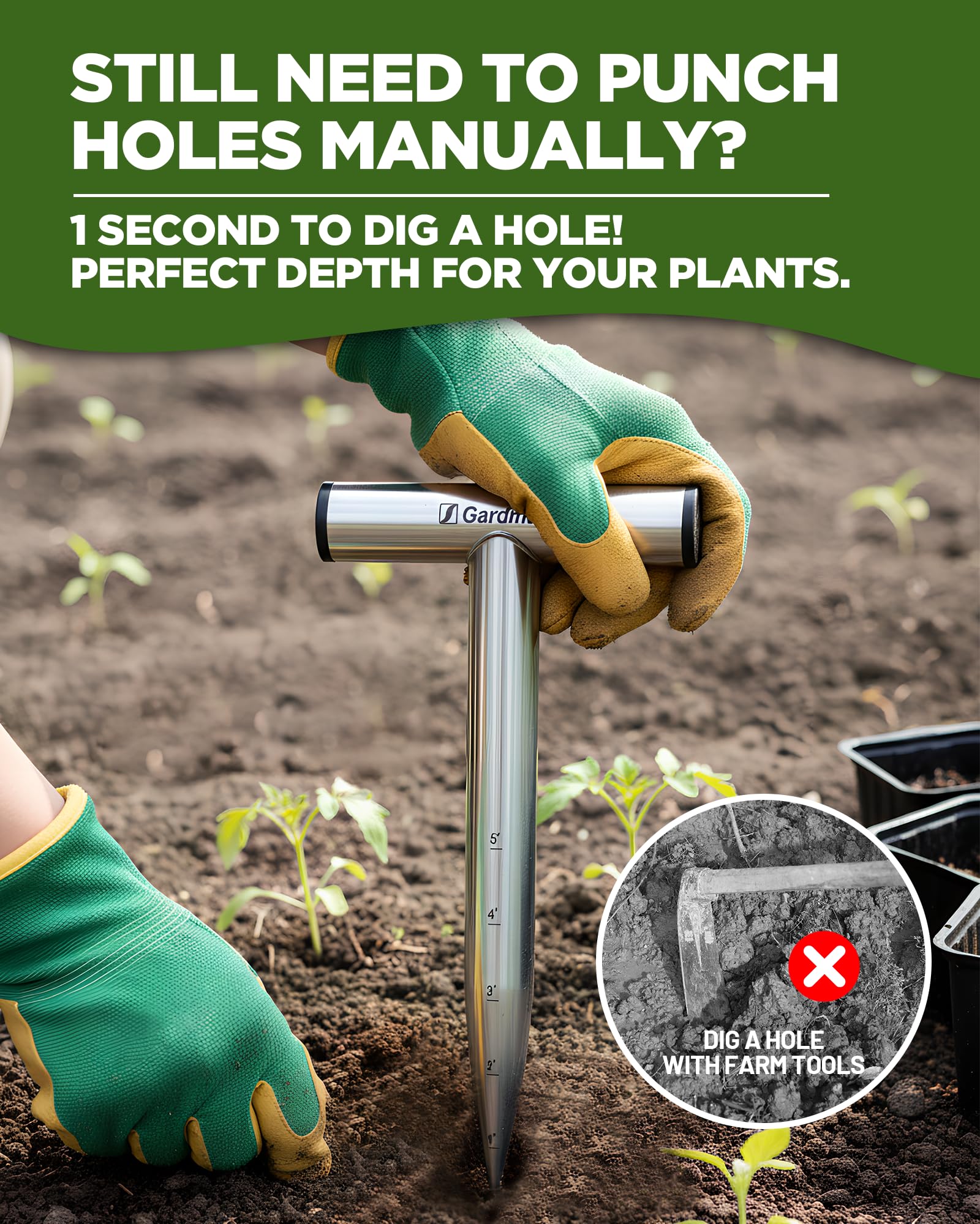 Gardmate ultra-lightweight 0.5 lb dibber reduces fatigue during planting.