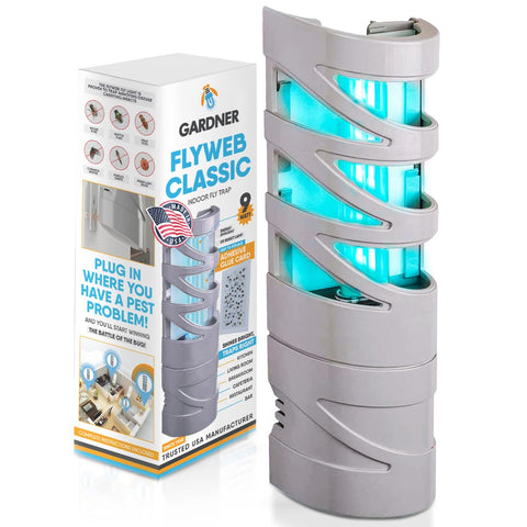 Gardner FlyWeb indoor fly trap front view, sleek gray housing attracts fruit flies.