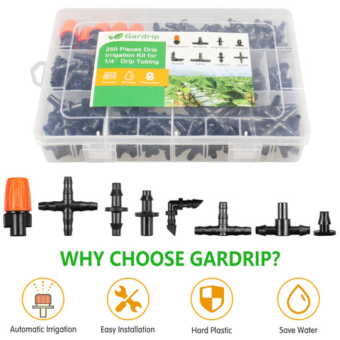 Gardrip 1/4-inch drip parts kit shown in real garden setup.