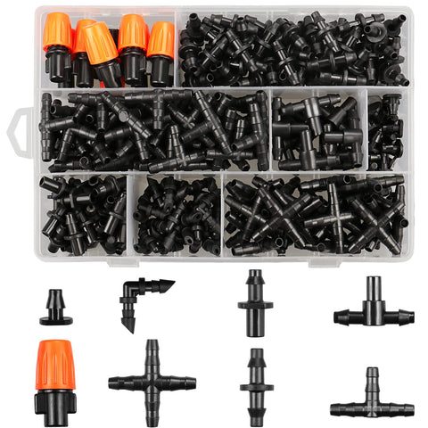Gardrip 250-piece drip fittings kit with barbed connectors and tees for easy irrigation.