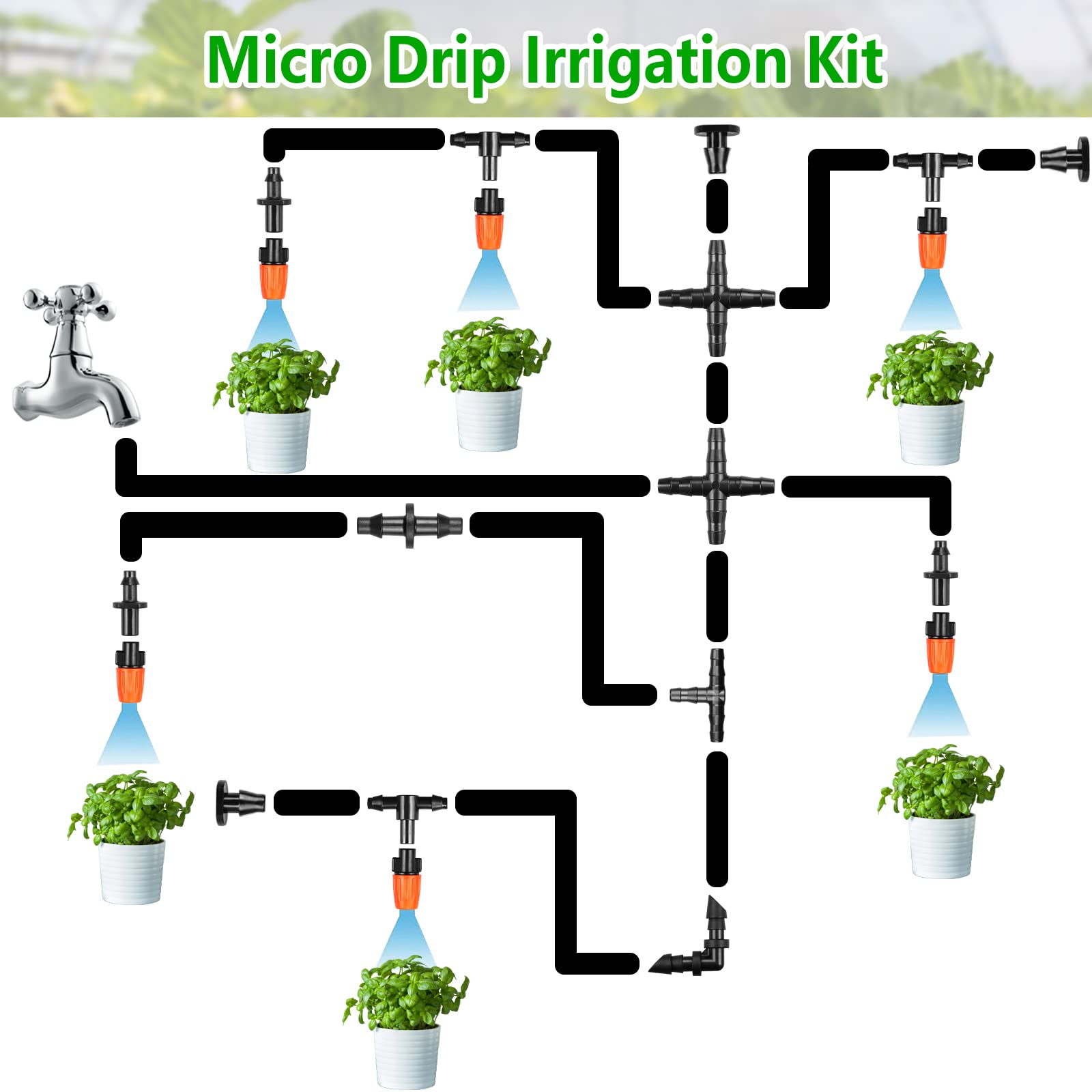 Gardrip end plugs and tees seal connections in garden beds.