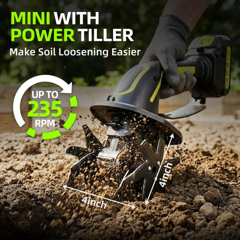 Gardtech tiller in action showing compact design for raised beds.
