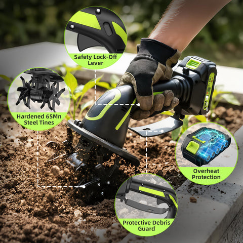 Gardtech 2.0Ah battery enables 40–60 minutes of tilling.