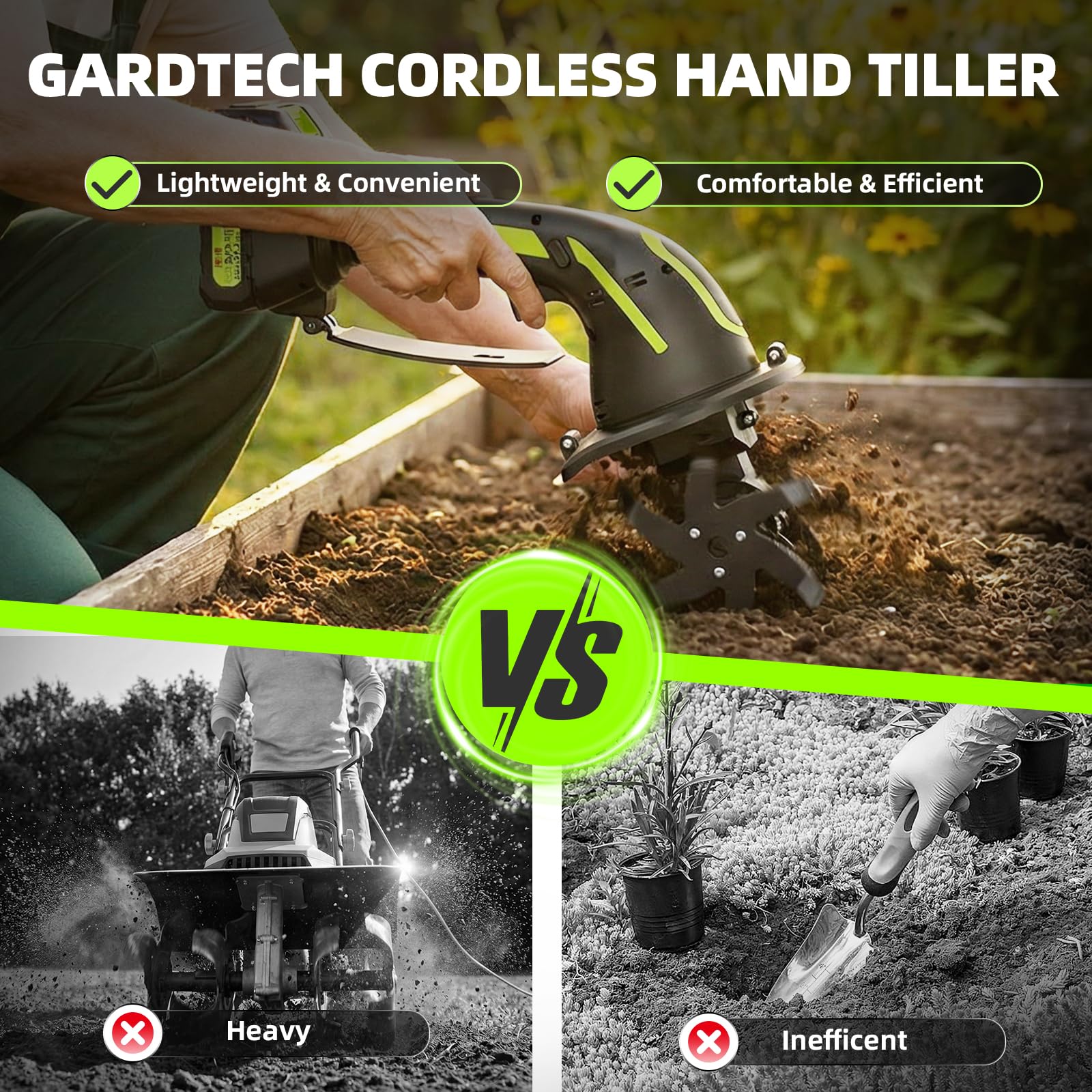Gardtech tiller addressing raised-bed use with precise 4-inch tilling.