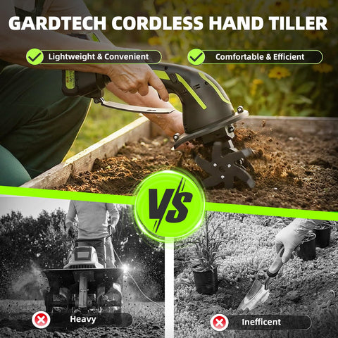 Gardtech tiller addressing raised-bed use with precise 4-inch tilling.