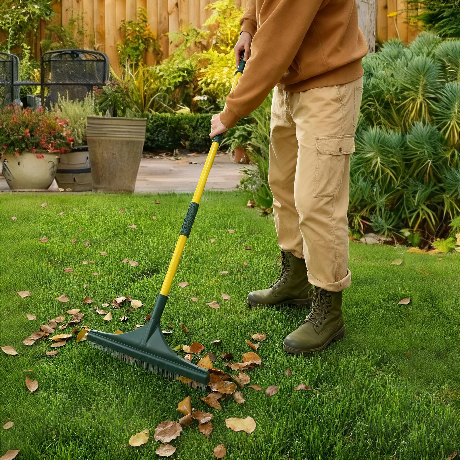 Gardtech rake head with dense nylon bristles lifts debris on artificial grass smoothly