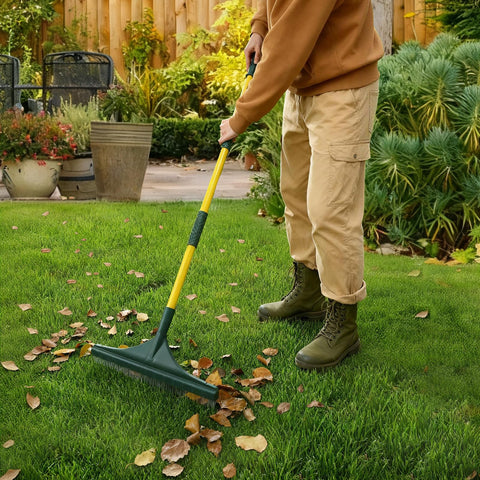Gardtech rake head with dense nylon bristles lifts debris on artificial grass smoothly