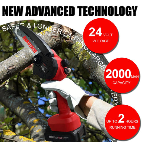 Gardtech Mini Chainsaw 6 Inch dual-switch-system enhances safety during pruning.