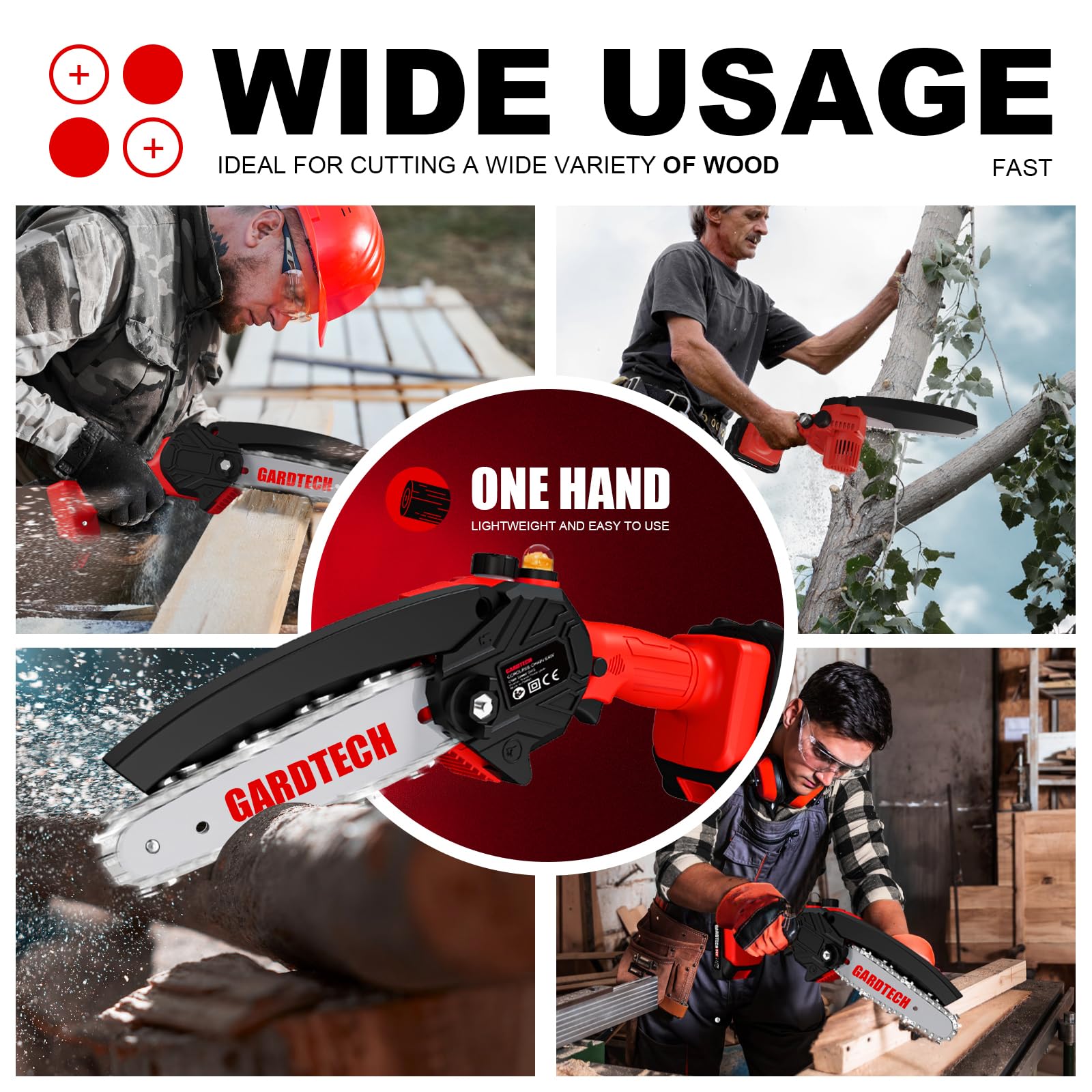 Gardtech Mini Chainsaw 6 Inch four-guide-chains for faster, cleaner cuts.