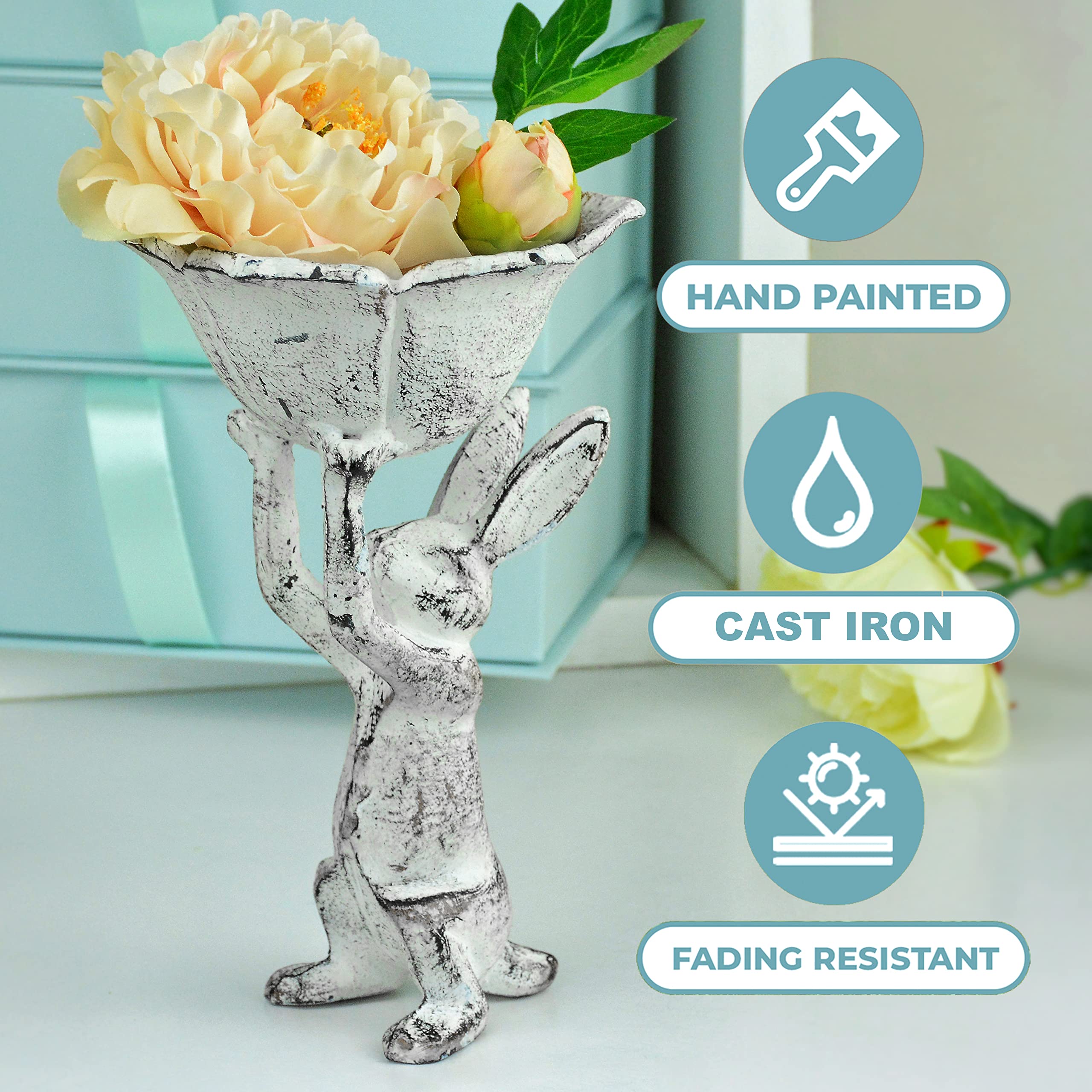 GARDY antique white cast iron rabbit planter stand for elegant outdoor display