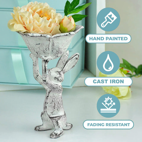 GARDY antique white cast iron rabbit planter stand for elegant outdoor display