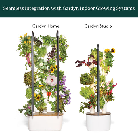 Gardyn device base with LED light illuminating seedlings on tray.