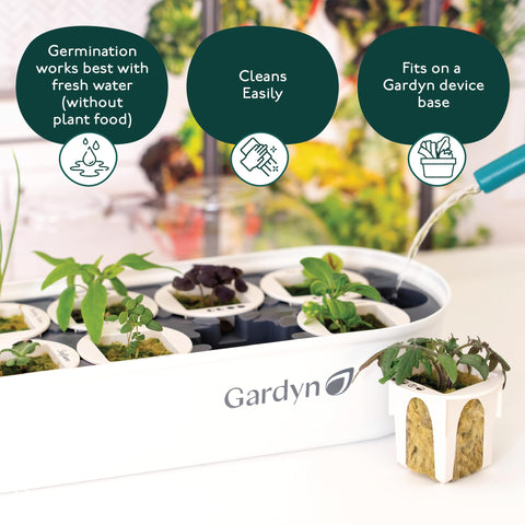 Gardyn germination tray on device base aligns with LED grow lights.