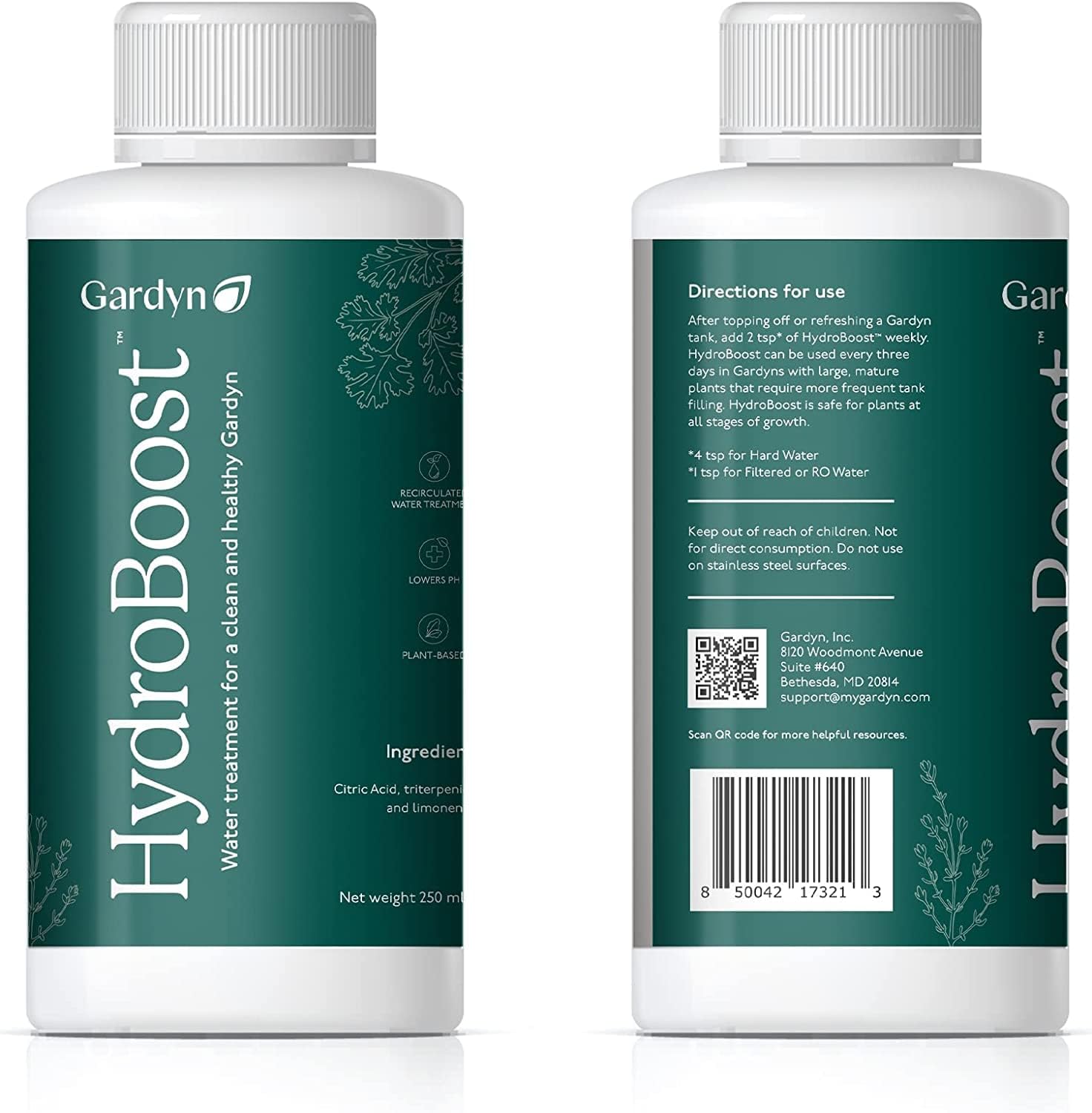 Gardyn HydroBoost bottle with plant growth in the background.