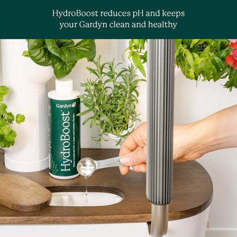 Gardyn HydroBoost label closeup highlights natural plant-based ingredients.