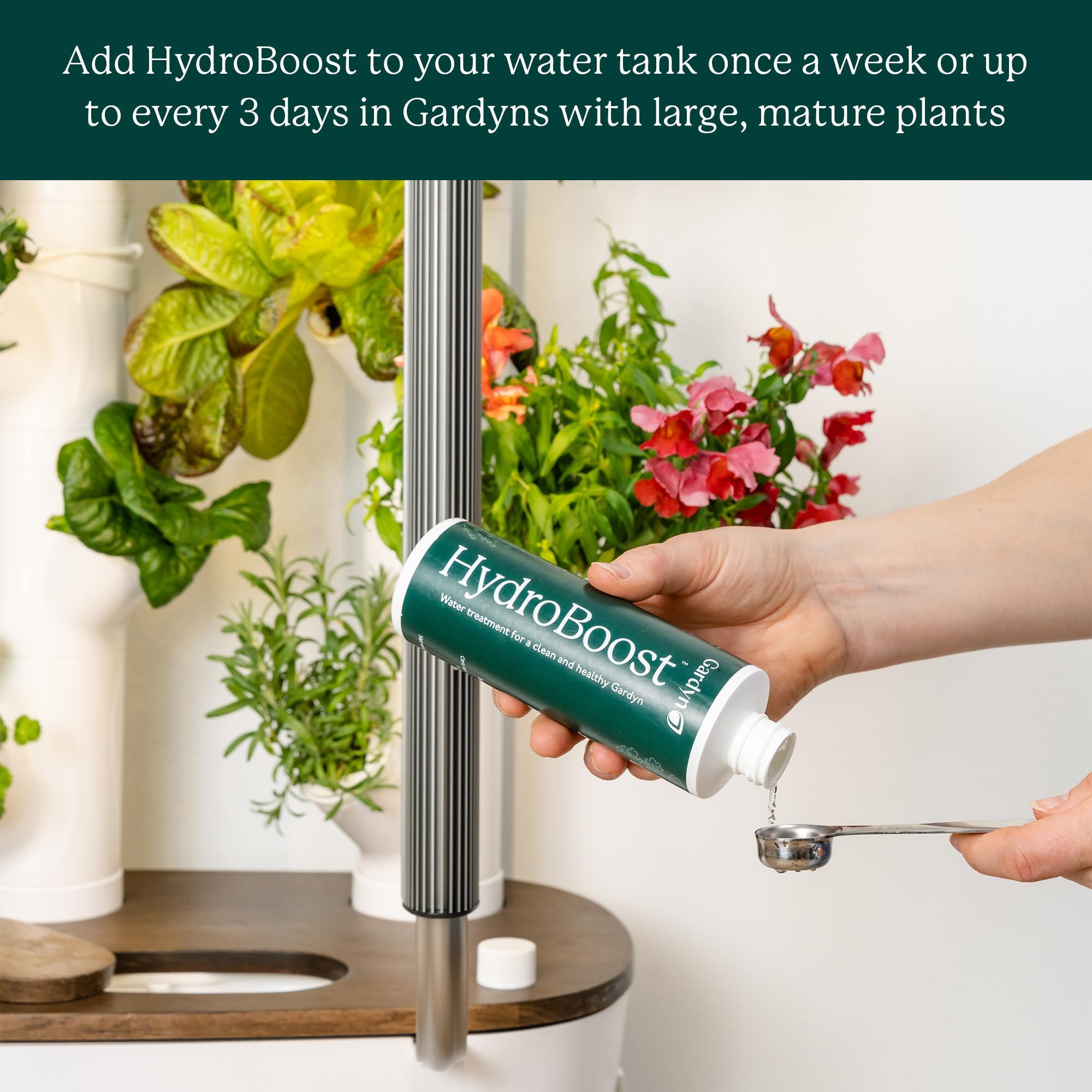 Gardyn HydroBoost in Gardyn tank during mixing for balanced water chemistry.