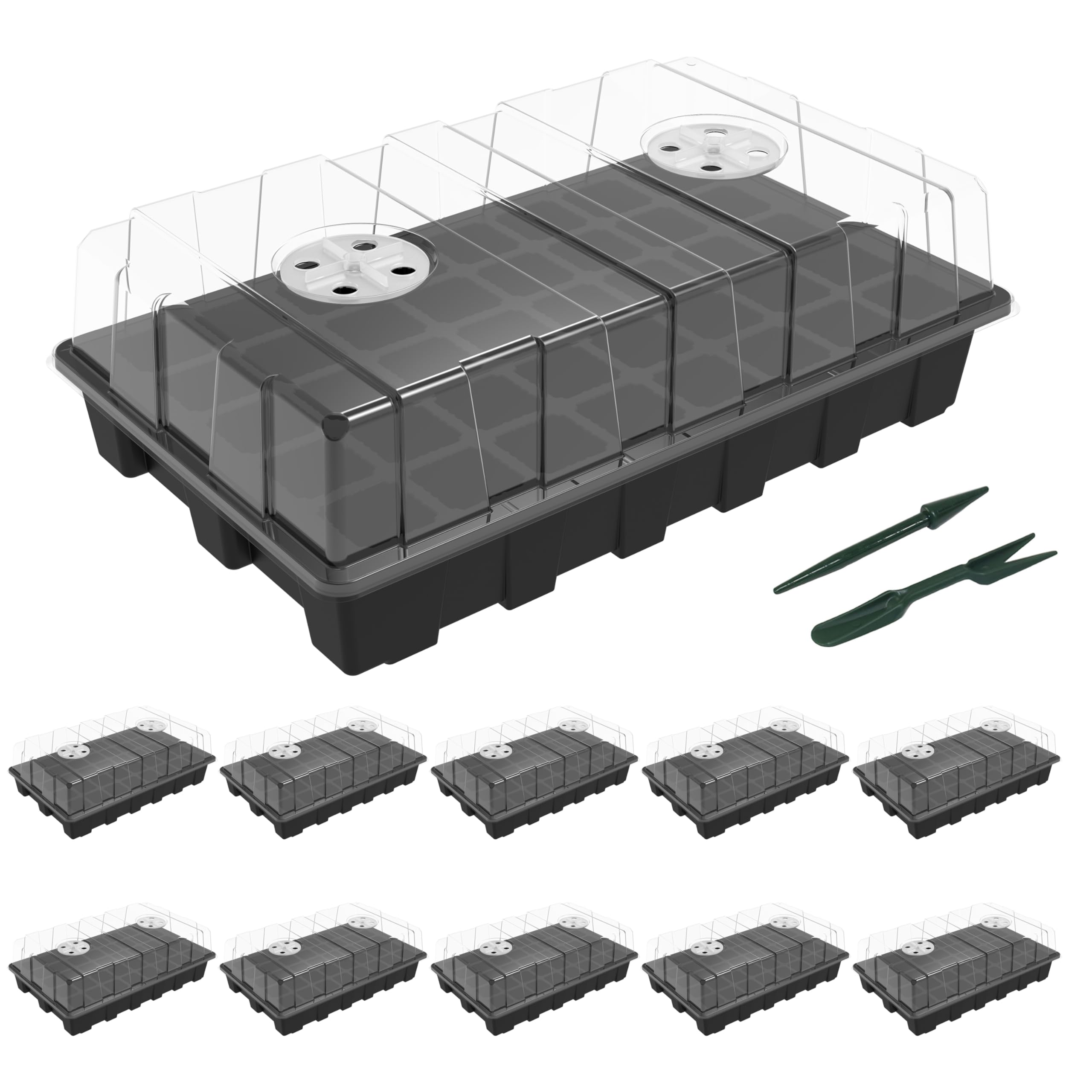 Gardzen 10-set propagator overview with a dome and base for seed-starting.