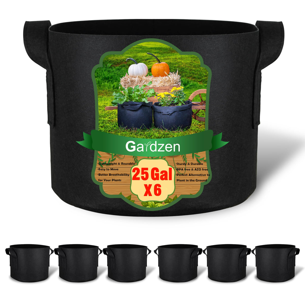 Gardzen six-pack 25-gallon grow bags stacked, durable non-woven fabric for reusable gardening.