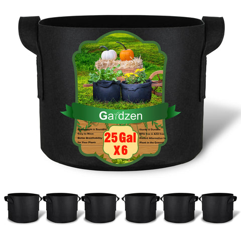 Gardzen six-pack 25-gallon grow bags stacked, durable non-woven fabric for reusable gardening.