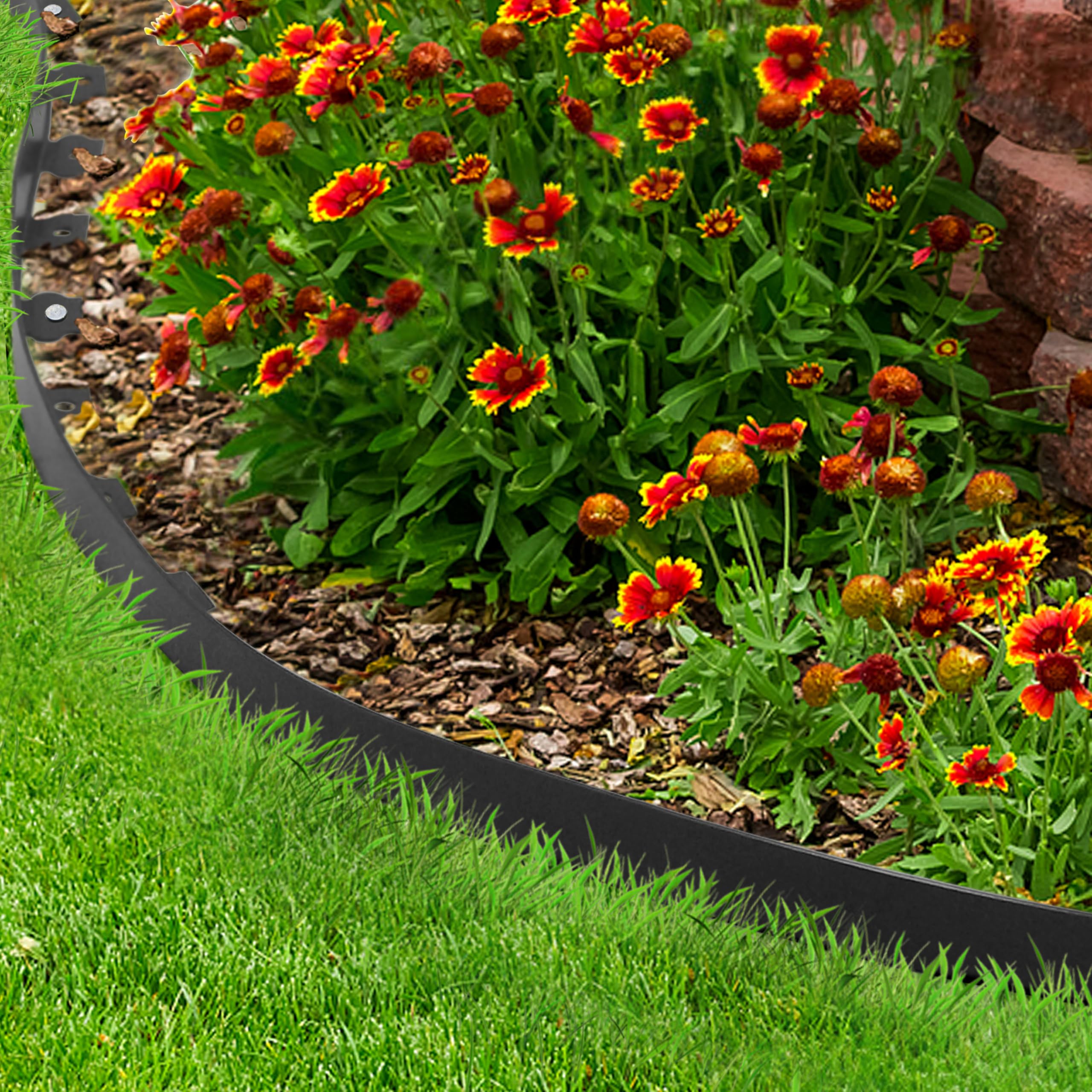 Gardzen flower bed border keeps mulch and pebbles neatly in place.