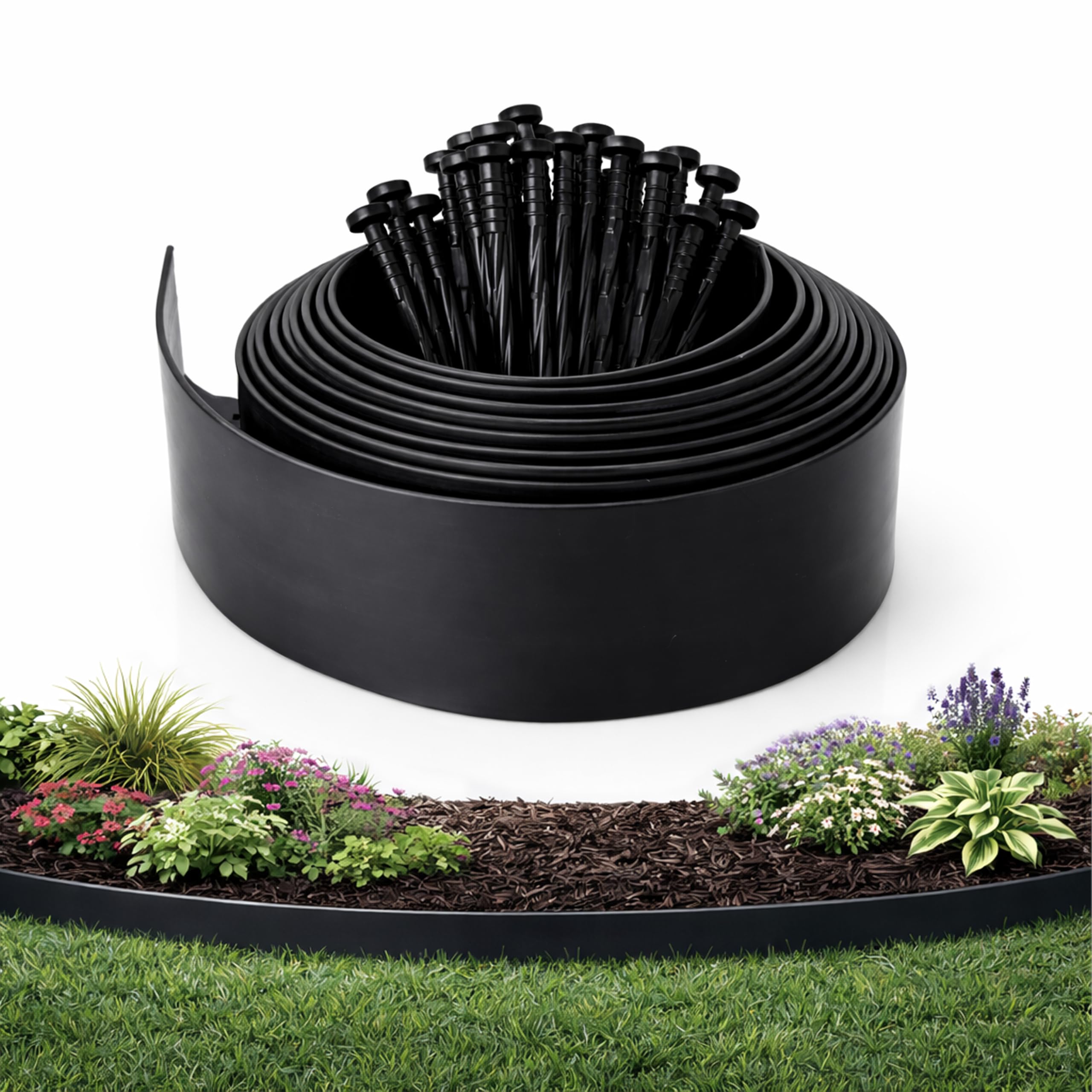 Gardzen landscape edging kit borders a flower bed for a clean, polished edge.