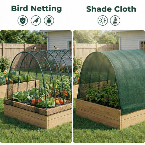 Gardzen hoop system securing row covers to shield plants from birds.